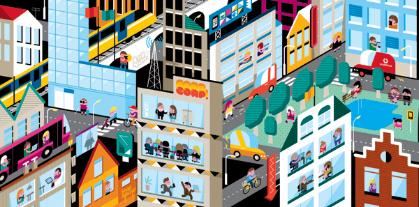 mobile work editorial city scape Loulou & Tummie Shop-Around Vector Illustration Character