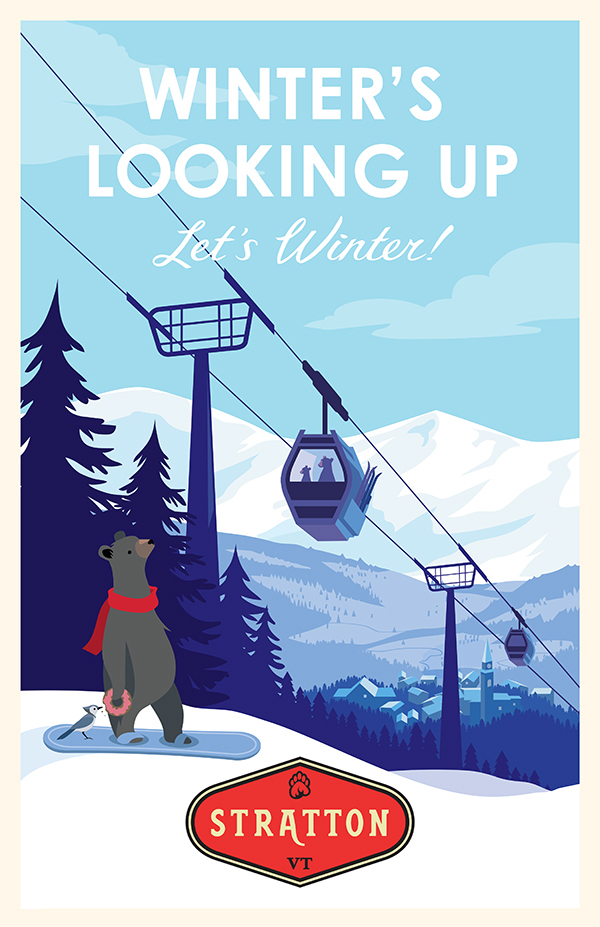 Stratton skiing resort poster subway winter Landscape OOH bear Snowboarding Vermont snow new york city billboard bunny