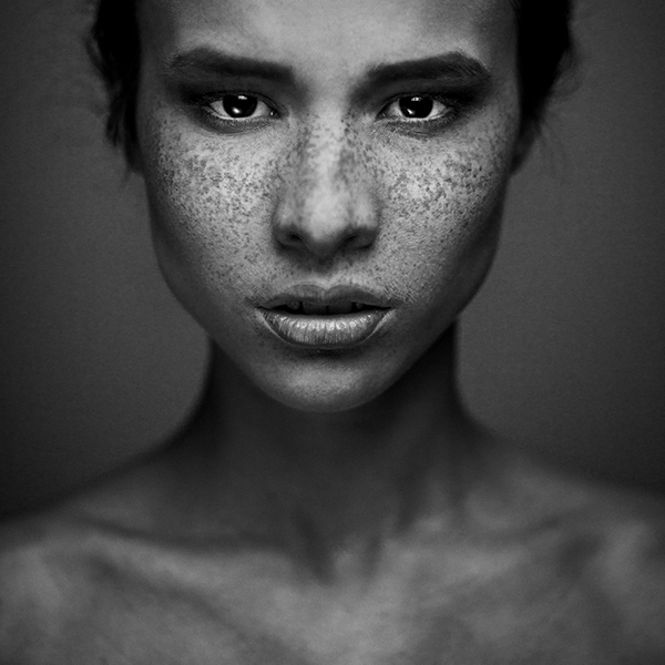 portrait freckles girl Young face freckled girl black and white