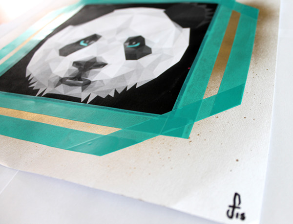 Panda  gold blue experimental Fun Love watercolor