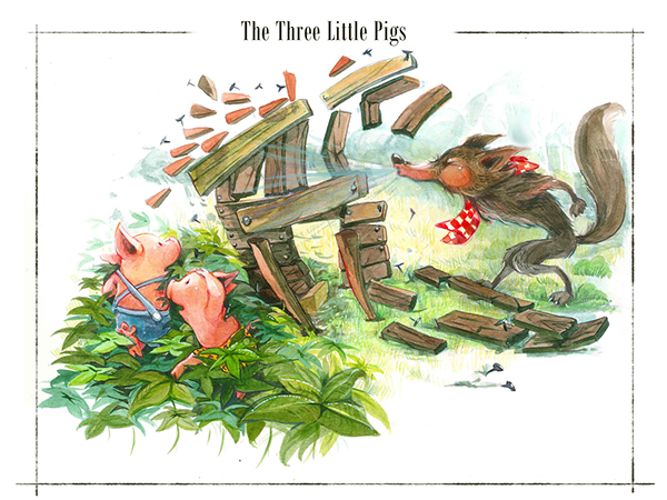 ILLUSTRATION  fairy tales kids Three Little Pigs watercolor