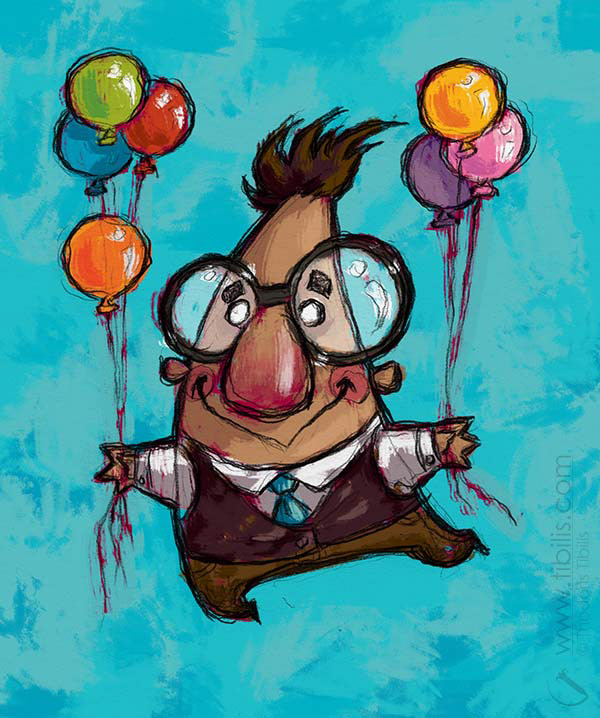Illustration of a cartoon man character with huge glasses while flying with his balloons