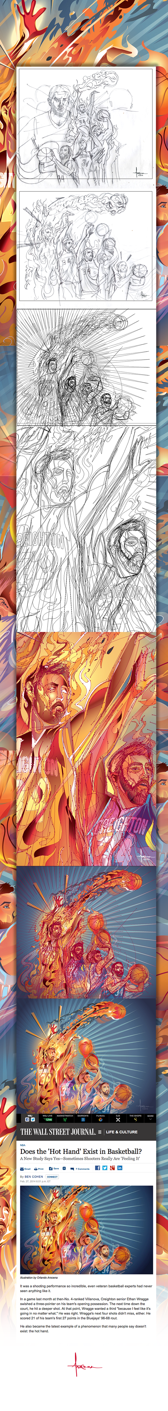 vector Illustrator orlando-arocena wall-street-journal wsj NBS basketball hot-hand fire Flames pop-deco colorful anchor-points sports