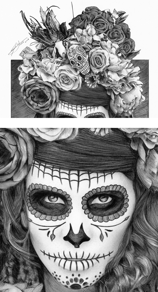 In the drawing the women's face is painted with a Calavera also referr...