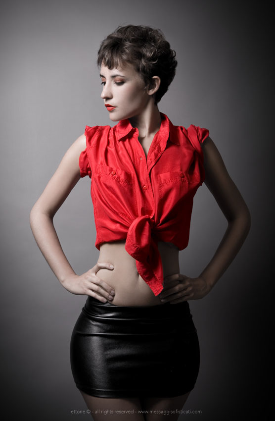 SILK blouse red black dark darkness Style knotted shirt pockets models desaturation lighting effect concept