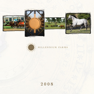 Millennium farms horse equine thoroughbred farm stallion brochure directory advertisement ad brand gold green Sun sundial dial photos corporate agriculture ag Kentucky bluegrass grass pedigree race Racing Breed breeding Direct mail Direct mail postcard post card 4-color color mailing