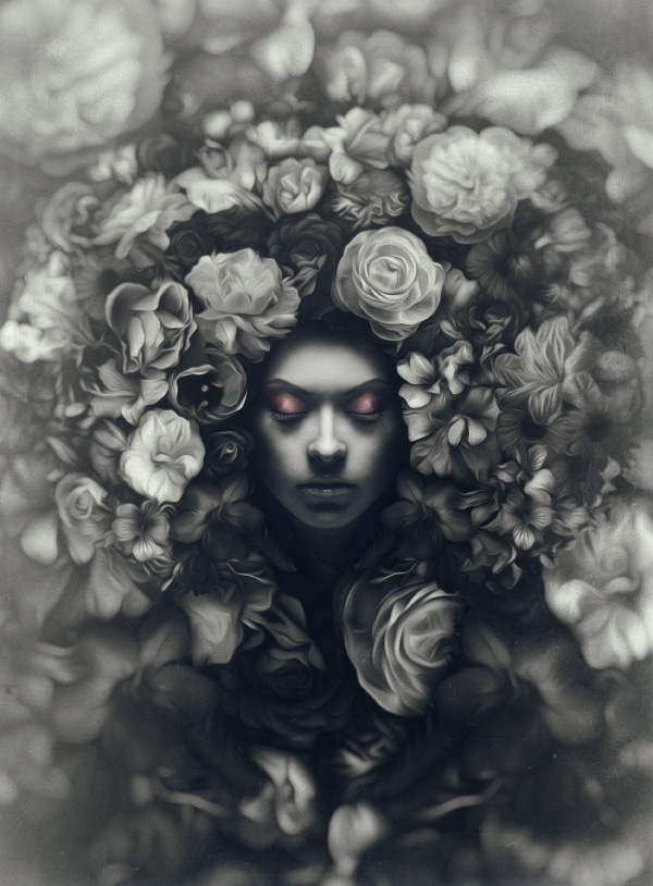portrait woman soulless Flowers sleeping bokeh recessed loneliness drama black and white