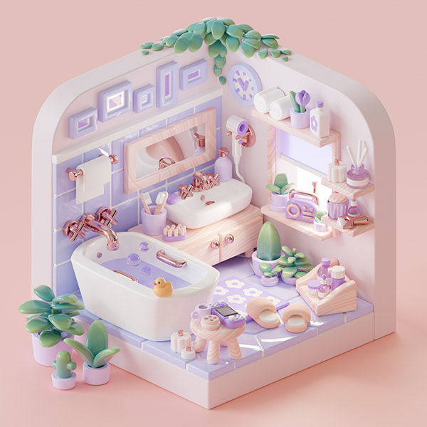 3D Isometric Scene | Lavender Bathroom