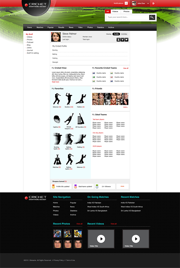 Cricket Interface Website Responsive Photo Retouching full site Forms timeline red White black HTML css bootstrap twitter