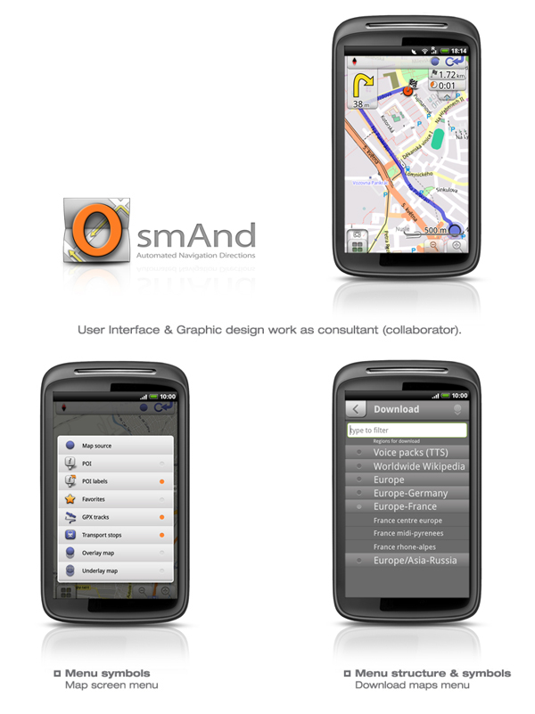 Osmand GPS ui design Logo Design symbol design Navigation App Android App BlackBerry App user interface UI