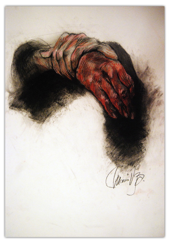 Pastels cherry red hands graphics pencil watercolors figurative