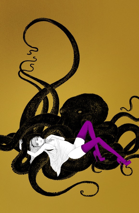 art print girl octopus purple stockings