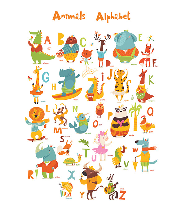 Cute Animals Alphabet in cartoon flat style