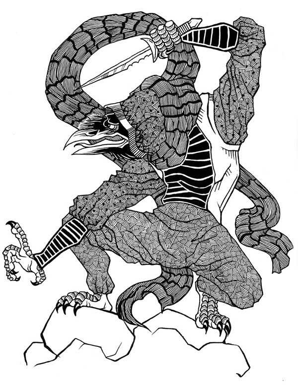 asian style black and white japanese style japanese woodcut fantasy fantasy illustration Creature Illustration