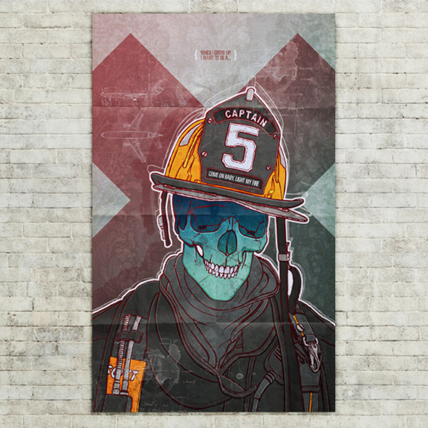fireman danger 9-11 Helmet skull Bart De Keyzer 3rd Floor dream print poster texture air plane Boyhood fire suit dead captain 5 