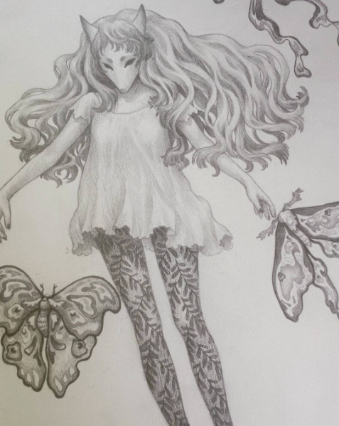 Drawing  grayscale wolf girl FOX mask Fashion  butterfly ethereal fantasy
