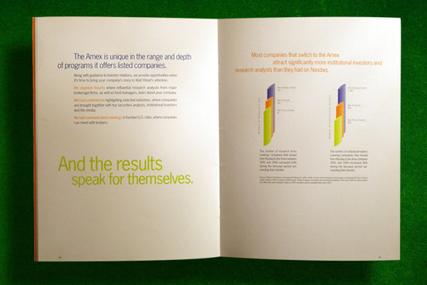 American Stock Exchange brochure finance financial graphing Photo Shoot Art Direction Model Making investing Investment Stock market blue green orange Black and white photography Tritone Pantone Color Match Press Run Direction print Printing Collateral