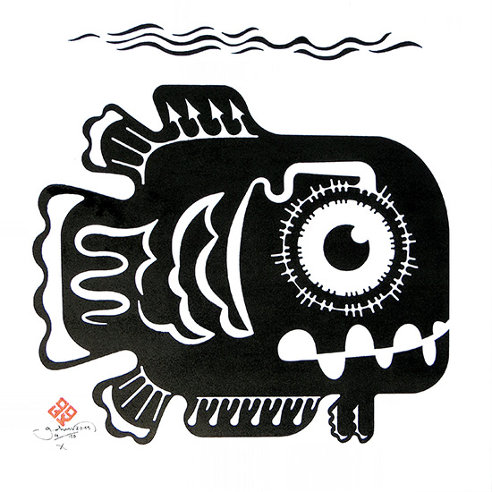 black fish fish art FISHBONE gokoroko graphic design  red xylography