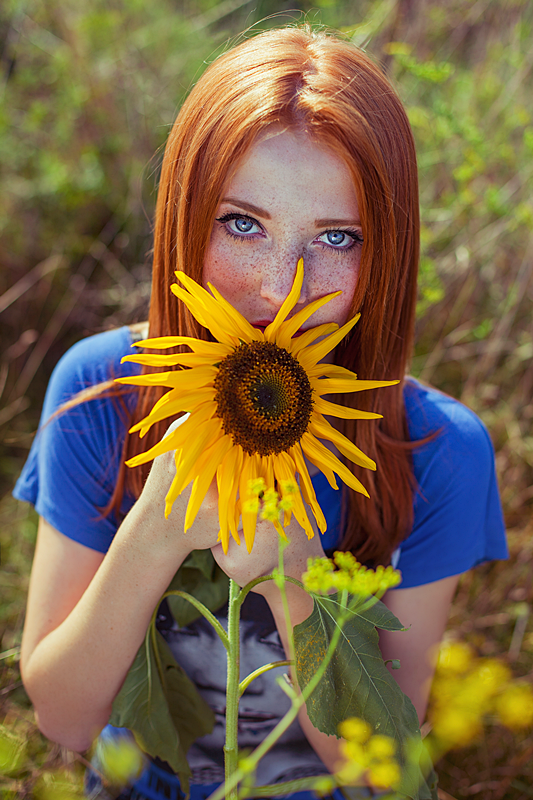 woman portrait freckles redhead red hair Blue Eyes summer look Young