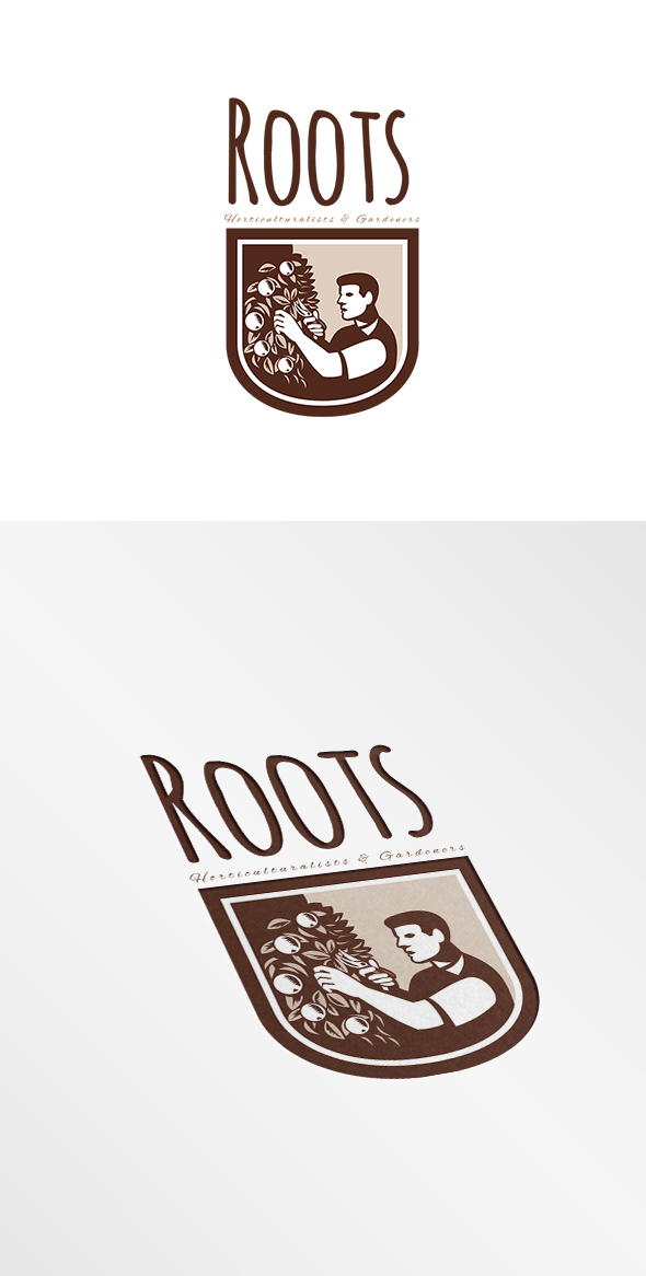 Roots Horticulturists and Gardeners logo grower orchardist gardener orchard arborist horticulture landscaper agriculture forestry Shears worker Tree 