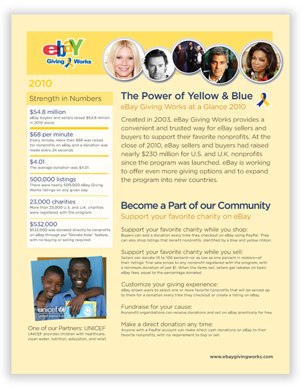 eBay eBay Giving Works charity fact sheet yellow Fibonacci