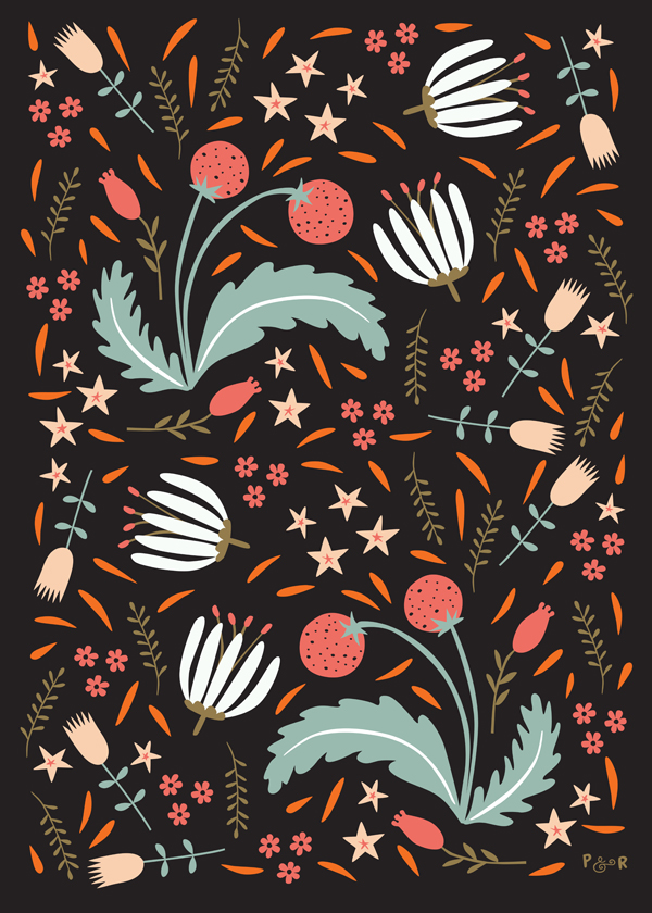 Flowers FOX berries Fruit leaves Retro quirky pattern floral