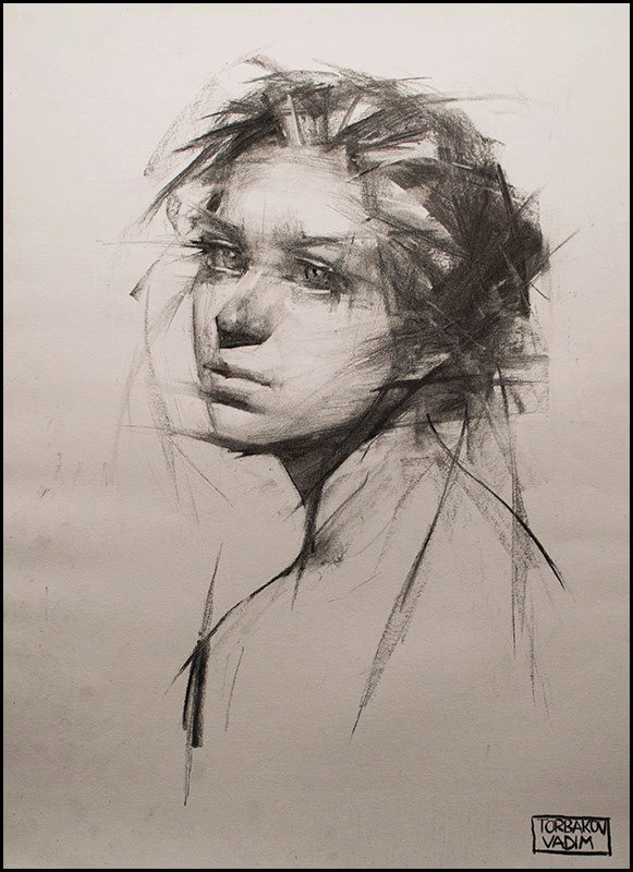 charcoal paper portrait study torbakov vadim Drawing  expressive girl line