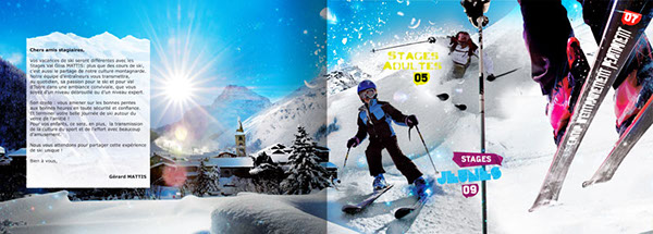 Sun Valley Amadhéouse Valgliss ski school Clothing ecological catalog brochure Fly photoshop effect