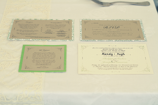 Weddings invitations packaging design New Zealand Otematata bride groom stamp ink green vintage floral Flowers Sun Food 