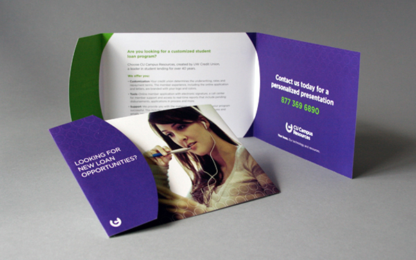logo identity banking credit union monogram purple green brochure die cut Bank