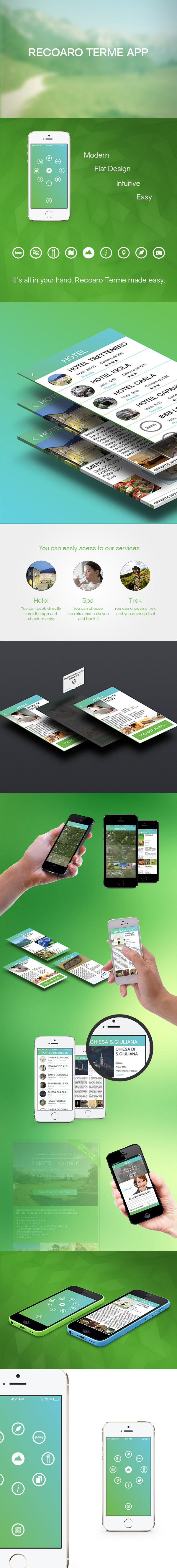Recoaro Terme recoaro veneto piccole dolomiti app application flat design Spot app working light coulors brand identity ui design Interface mobile naba