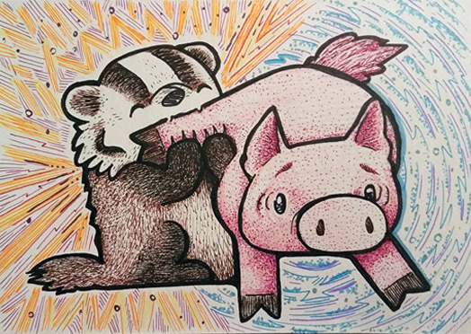 badger cartoon Dynamic greeting card hand drawn humor Marker pen pig valentine