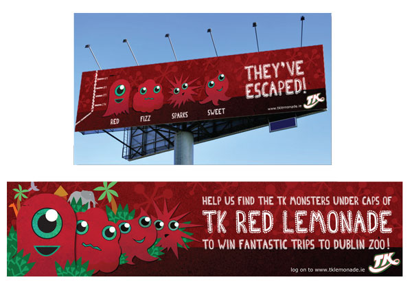 TK lemonade drink Promotion campaign bottle Web app print type monster Character red children cap
