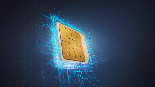 SIM card with gold conectors. Data flow. 5G