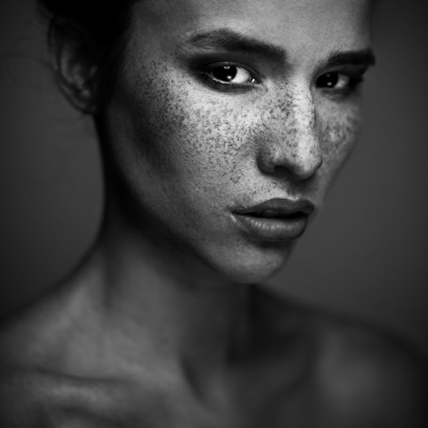 portrait freckles girl Young face freckled girl black and white