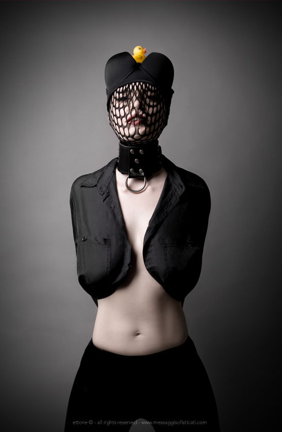 portraits woman funny conceptual SILK blouse black dark darkness fetish duck pockets lighting Dresscode stylist
