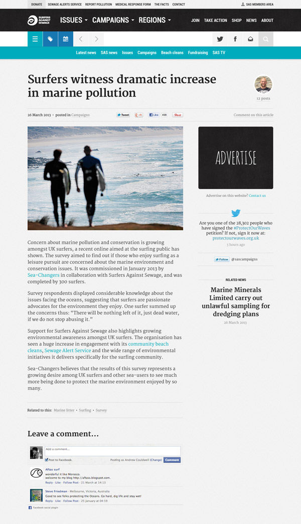 Responsive  website charity surfing environment non-profit Ocean activism mobile marine e-commerce shop donating surfers against sewage