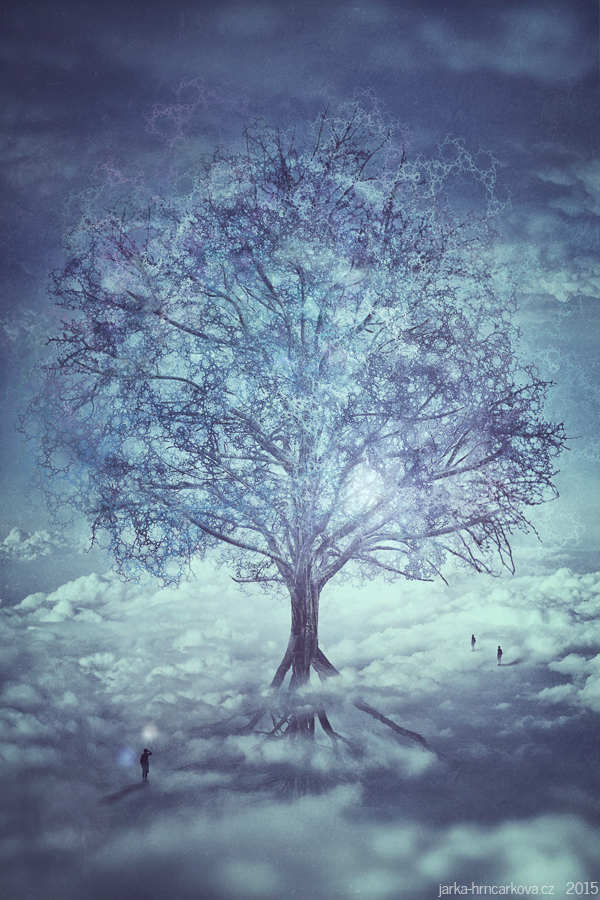 surreal Photo Manipulation  Tree  Above Clouds dreamscape dreams mystical meditation clouds blue cyan CD cover book cover fractals