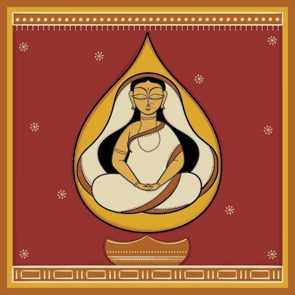 Woman meditating yogini drawn in indian folk art bengal patua of west bengal