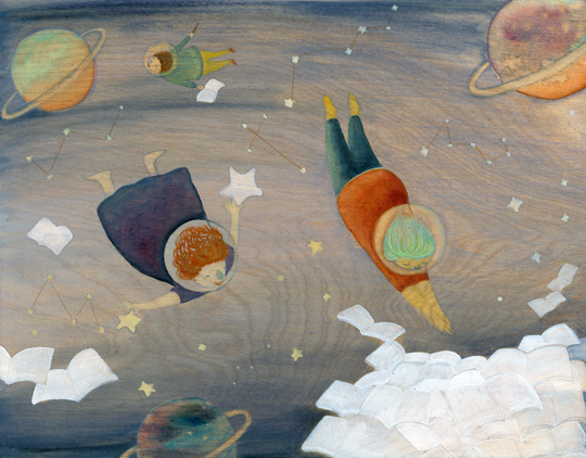 swim in space Planets stars book pile float in space books wood grain