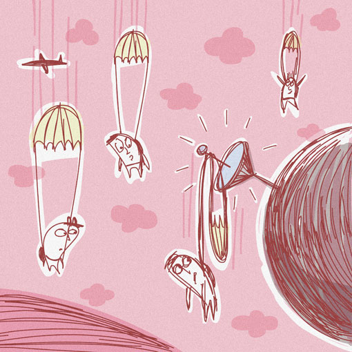 Quick digital drawing of people with parachutes. 