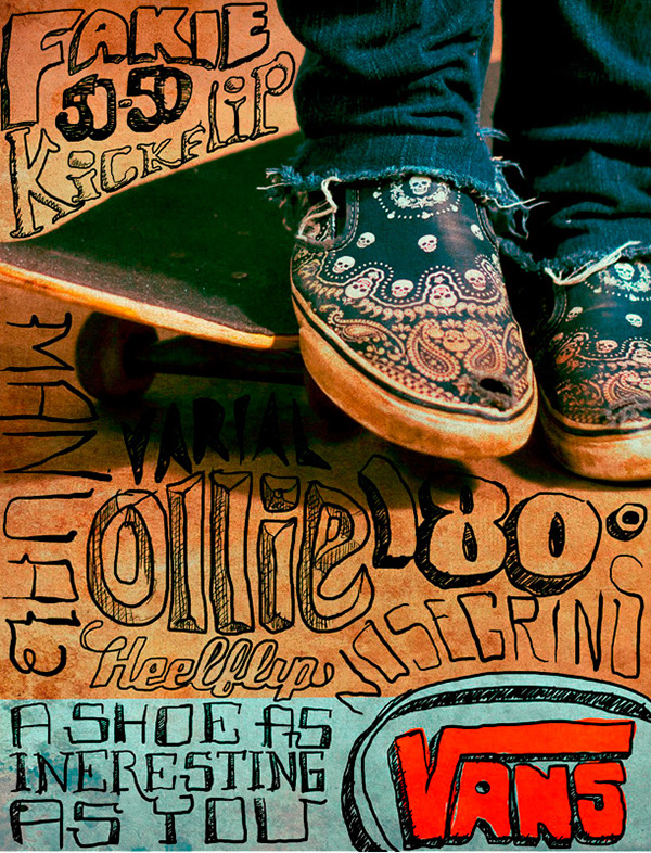 Vans shoes ad skate Skating Bike Bicycle musician Rock 'n' Roll skater skateboard Shoe Ad hand drawn typography type vintage Retro worn used