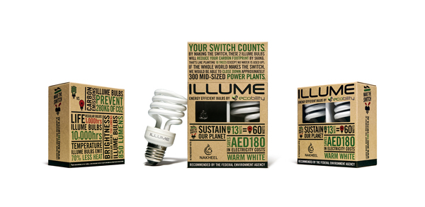 eco friendly bulbs brown textured red green glow glowing packaging design RECYCLED Soy Ink environment illuminate energy efficient