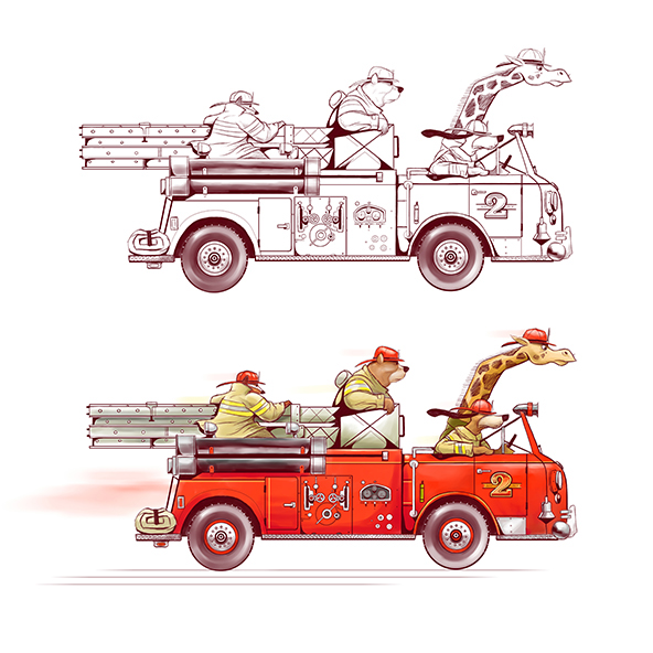 firefighters bear badger children's illustration children's book illustration fire engine giraffe dog animal illustrations
