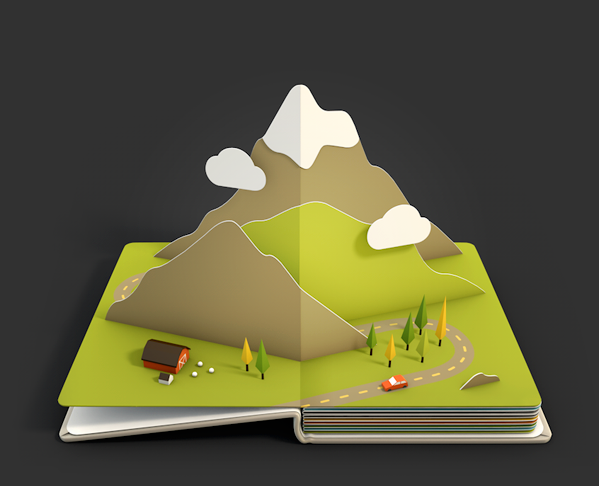 book 3D Render rendering pop-up pop up paper Landscape UI iPad Icon icons sea mountains city