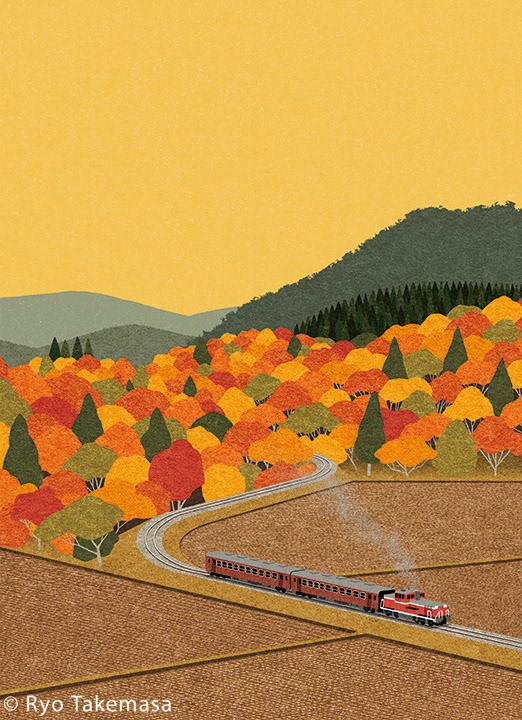 Landscape autumn Fall train red yellow orange