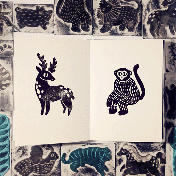 Aitch linocut animals floral ink stamp pattern
