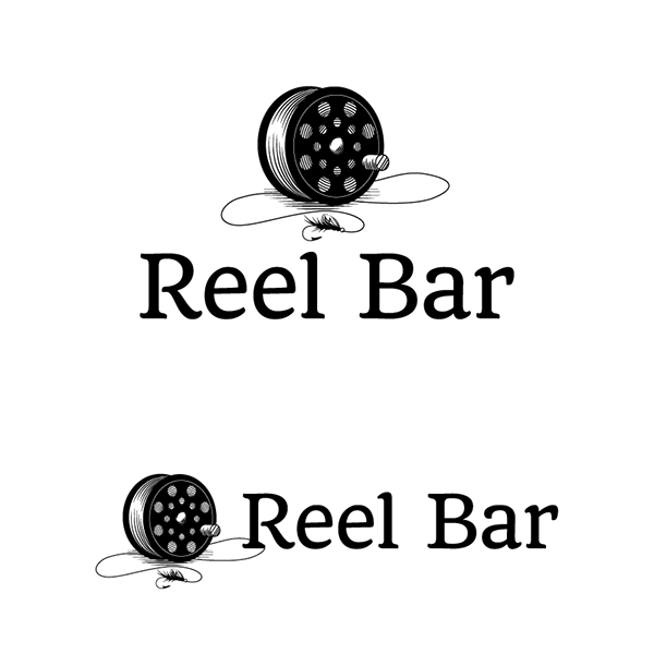 woodcut stamp reel fishing hook bar restaurant Food  drinks lake logo Fly fishing