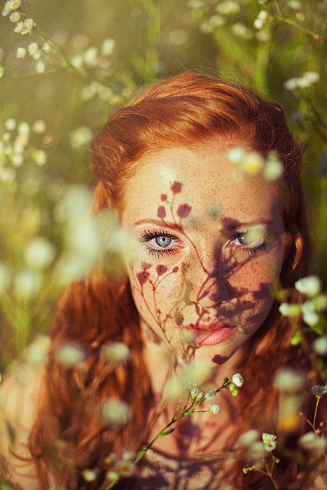freckles portrait woman face people Beautiful female Blue Eyes Flowers summer