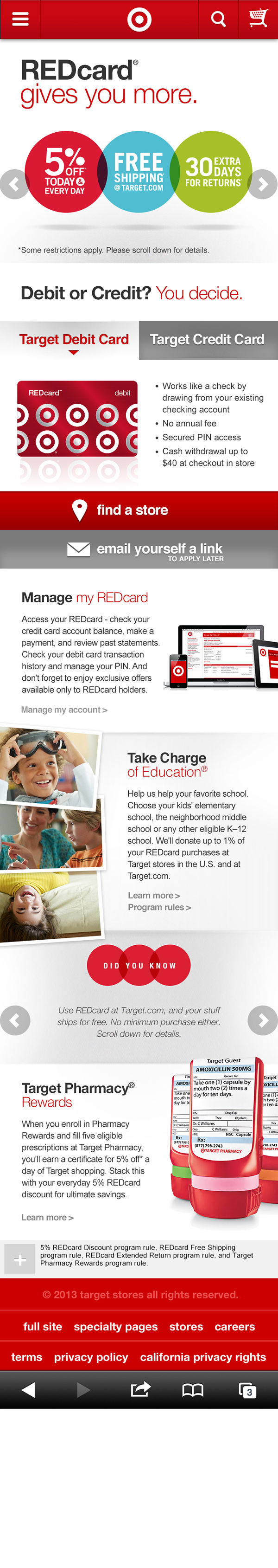 target redcard Target redcard offers 5% off all purchases at target, plus free shipping from targetcom, with no annual fee. target redcard Target redcard offers 5% off all purchases at target, plus free shipping from targetcom, with no annual fee.